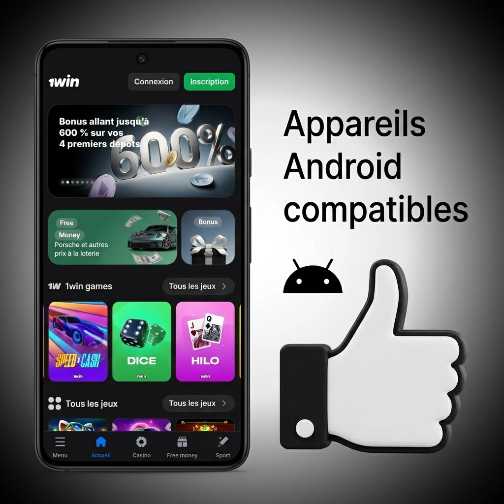 Appareils Android compatibles avec l'application 1win en Côte d'Ivoire, dont Samsung, Tecno, Infinix et Xiaomi