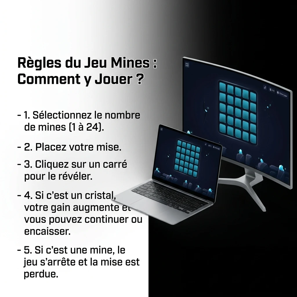 Grille du jeu Mines avec cases cachées, mines et multiplicateurs de gains croissants à chaque case sécurisée révélée