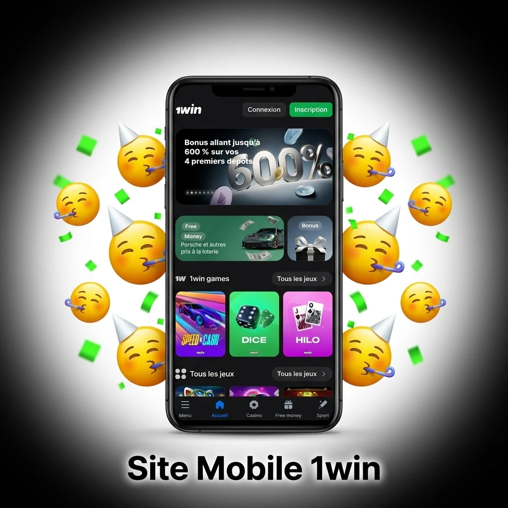 Interface du site mobile 1win sur smartphone, accès rapide aux paris sportifs et casino sans téléchargement