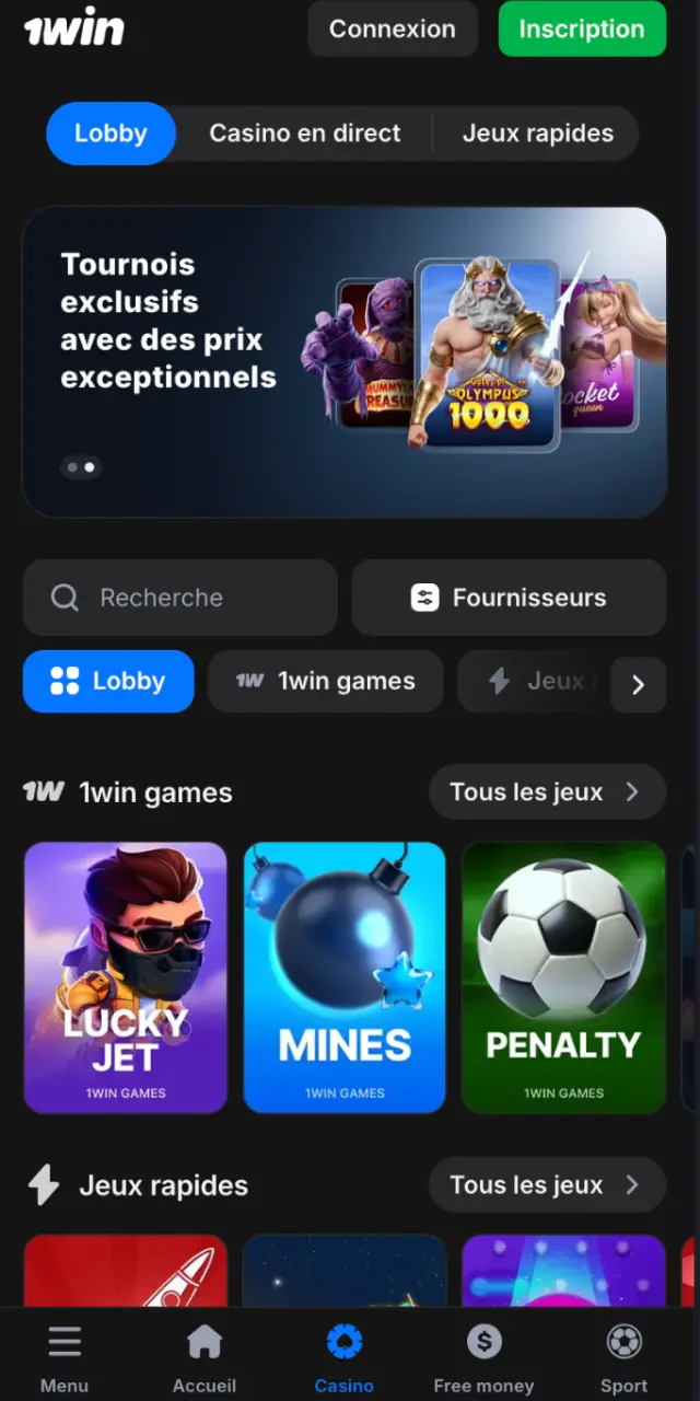 Lobby du casino 1win avec machines à sous, jeux de table et croupiers en direct.