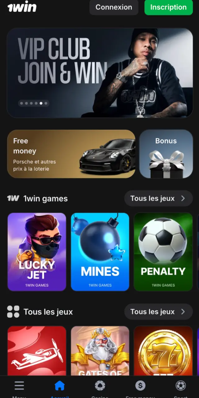 Page d'accueil de 1win avec accès aux sports, casino et événements en direct.