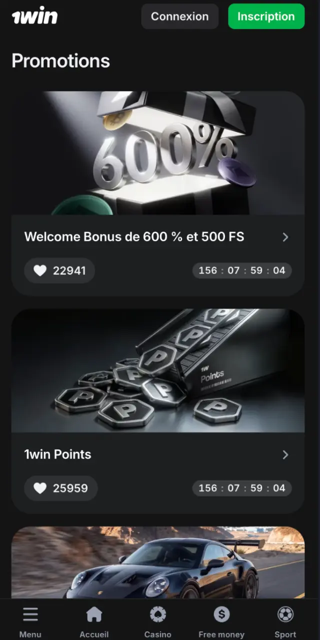 Page des promotions 1win avec bonus de bienvenue et offres spéciales.