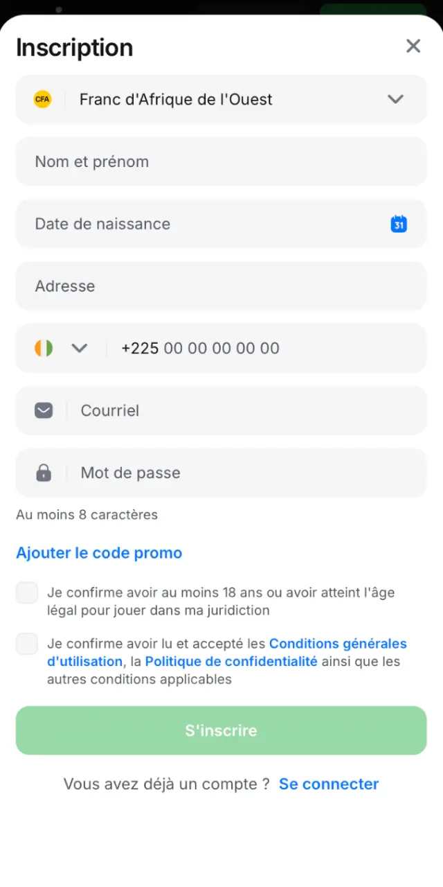 Formulaire d'inscription sur 1win pour créer votre compte et obtenir le bonus.