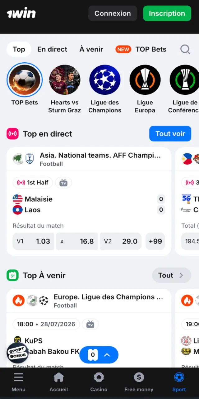Interface des paris sportifs sur 1win avec cotes en direct et matchs à venir.