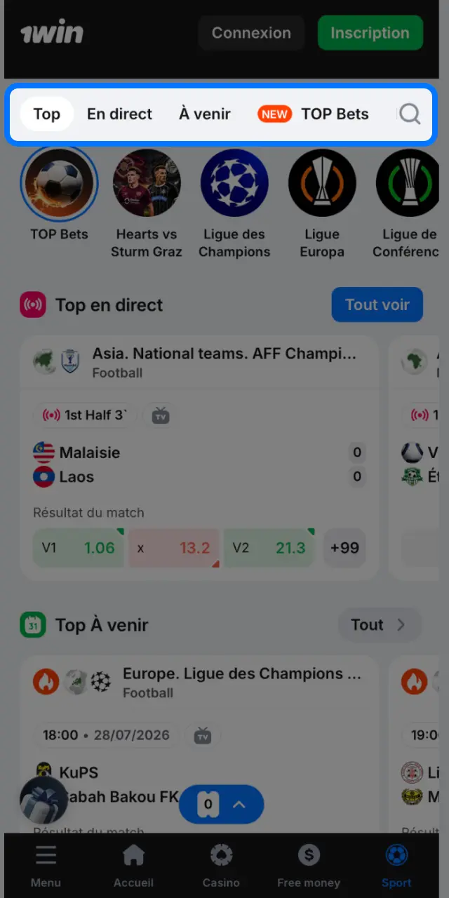 Naviguez dans la liste des sports 1win et sélectionnez votre match ou compétition.