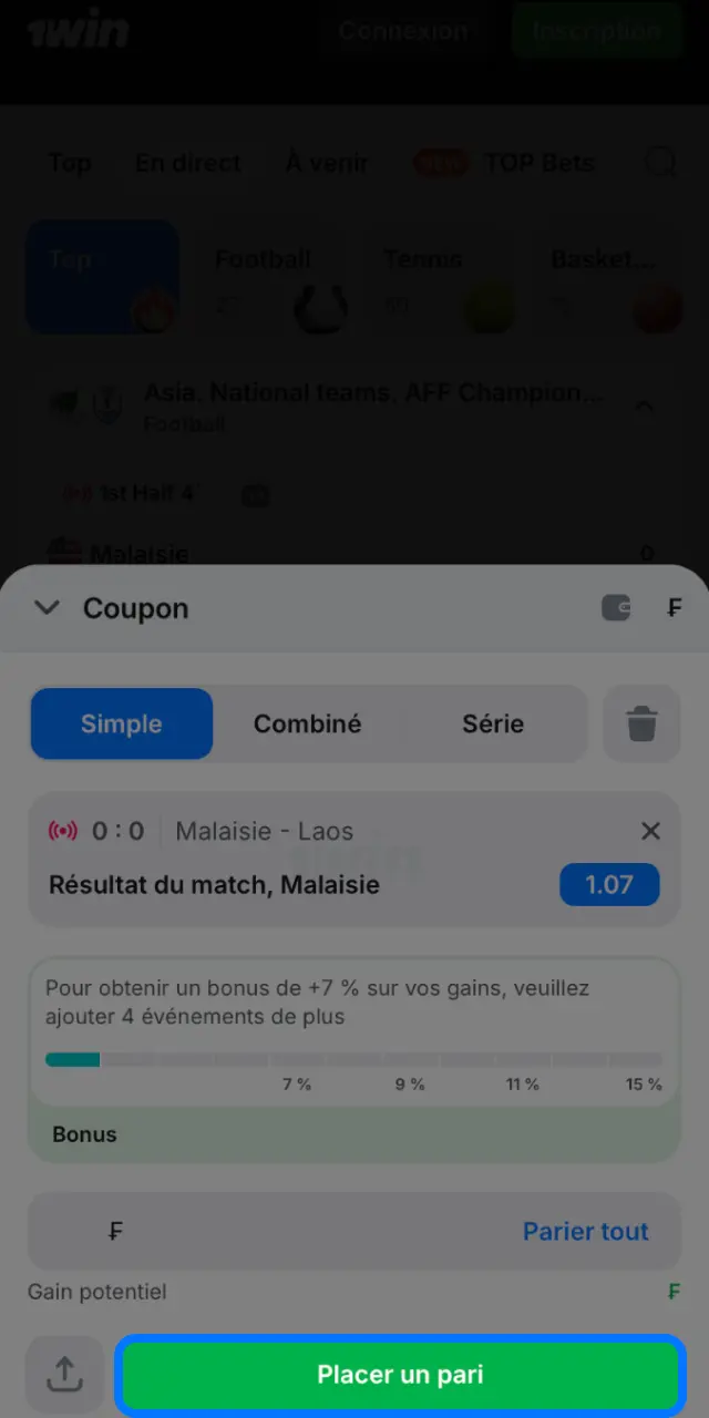 Vérifiez votre sélection sur 1win et cliquez sur Parier pour valider votre mise.