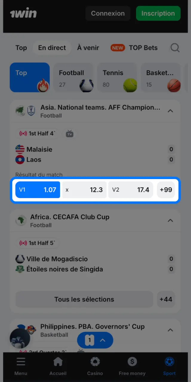 Cliquez sur la cote correspondant à votre pari sur 1win pour l'ajouter à votre coupon.