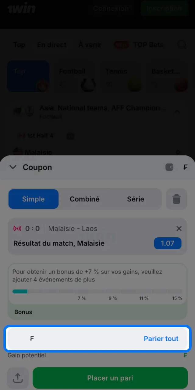 Saisissez le montant de votre mise sur 1win et visualisez vos gains potentiels.