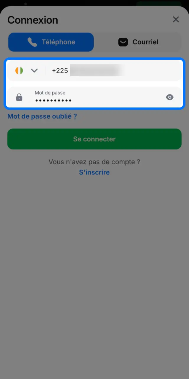 Entrez votre numéro de téléphone ou e-mail et votre mot de passe sur 1win.
