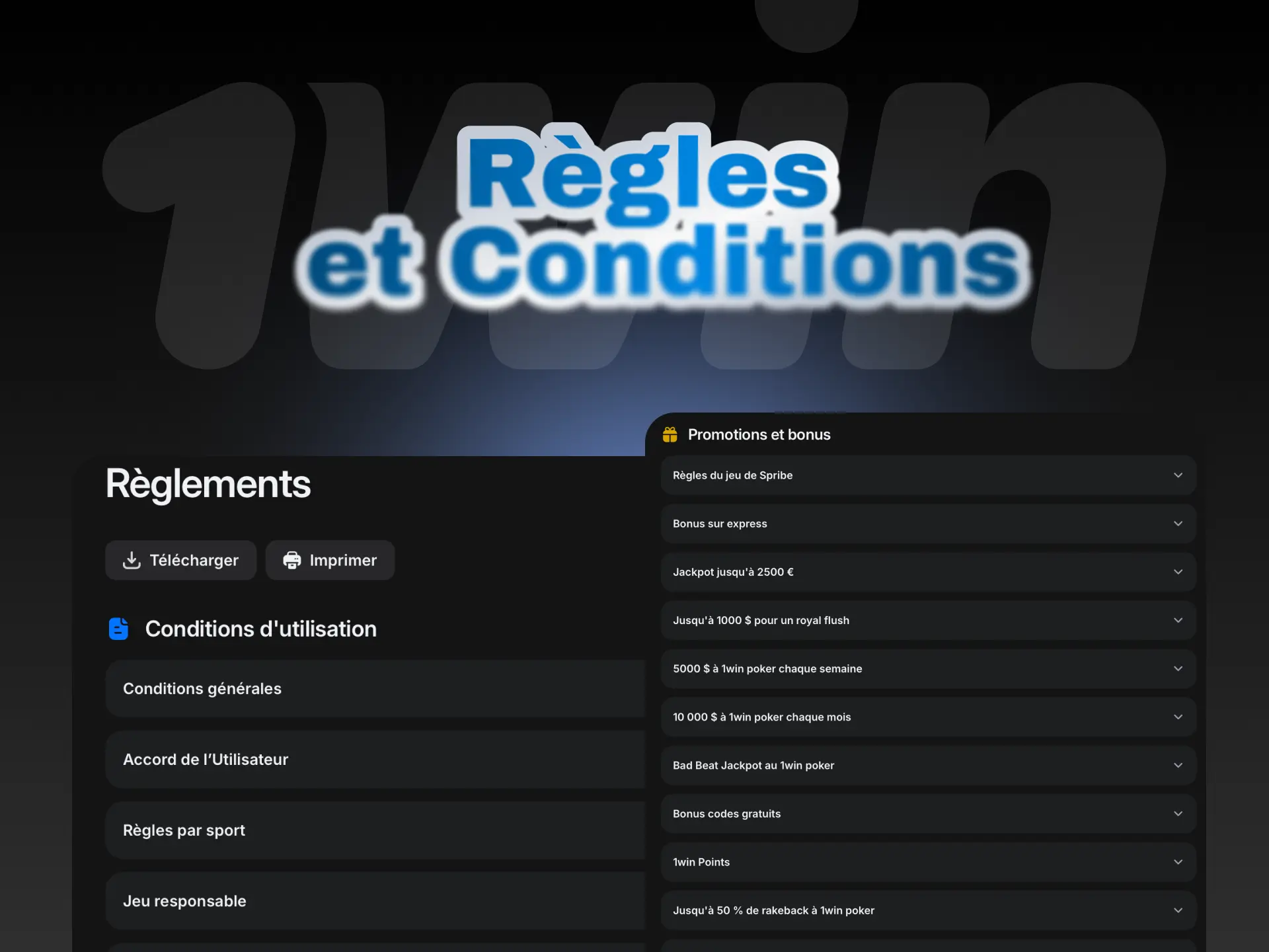 Règles et conditions d'utilisation de 1win pour les paris sportifs et le casino.