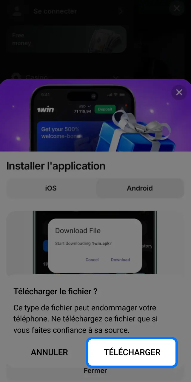Confirmez le téléchargement de l'APK 1win en appuyant sur Accepter.