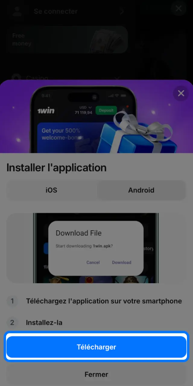 Cliquez sur le bouton ci-dessous pour lancer le téléchargement de l'APK 1win.