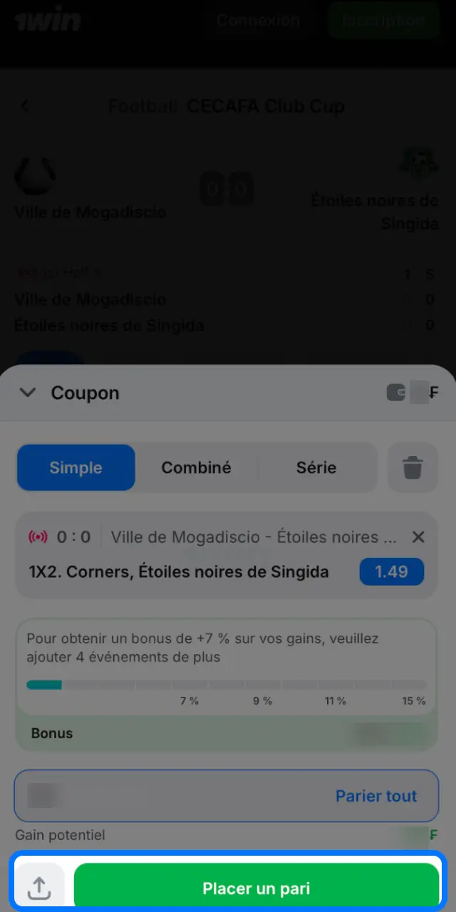Confirmez votre pari sur 1win et suivez son évolution dans Mes paris.