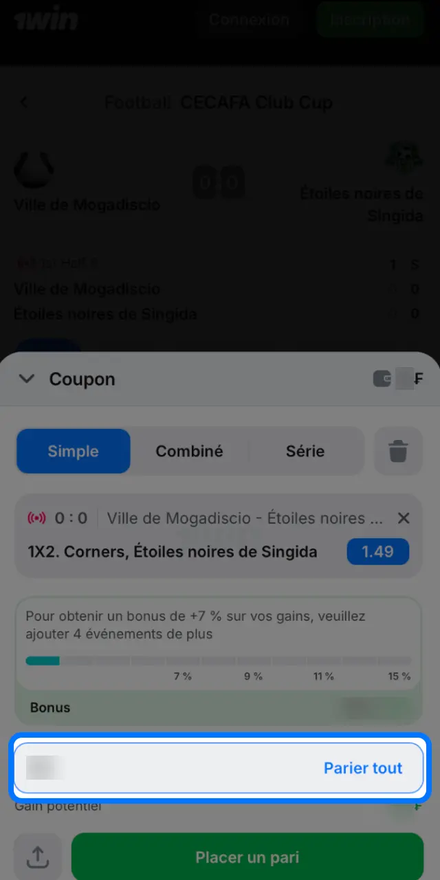 Saisissez votre mise dans le champ prévu sur le coupon de pari 1win.