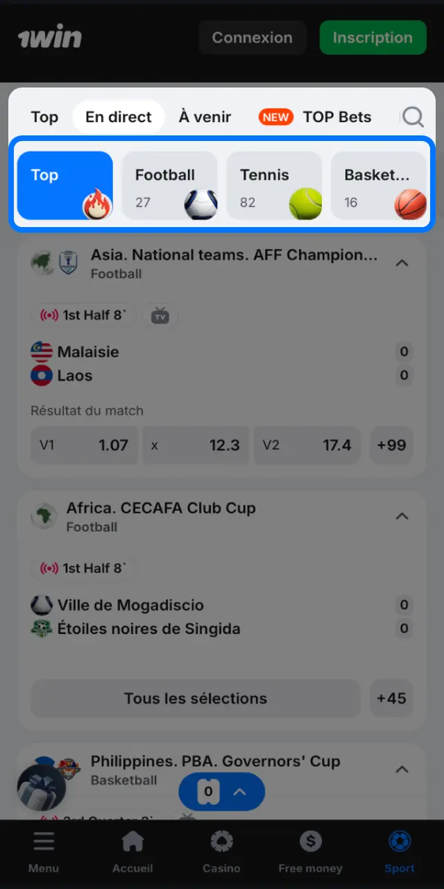 Sélectionnez un sport et un événement dans la section Sports de 1win.