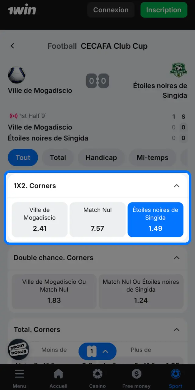 Appuyez sur la cote sur 1win pour l'ajouter à votre coupon de pari.