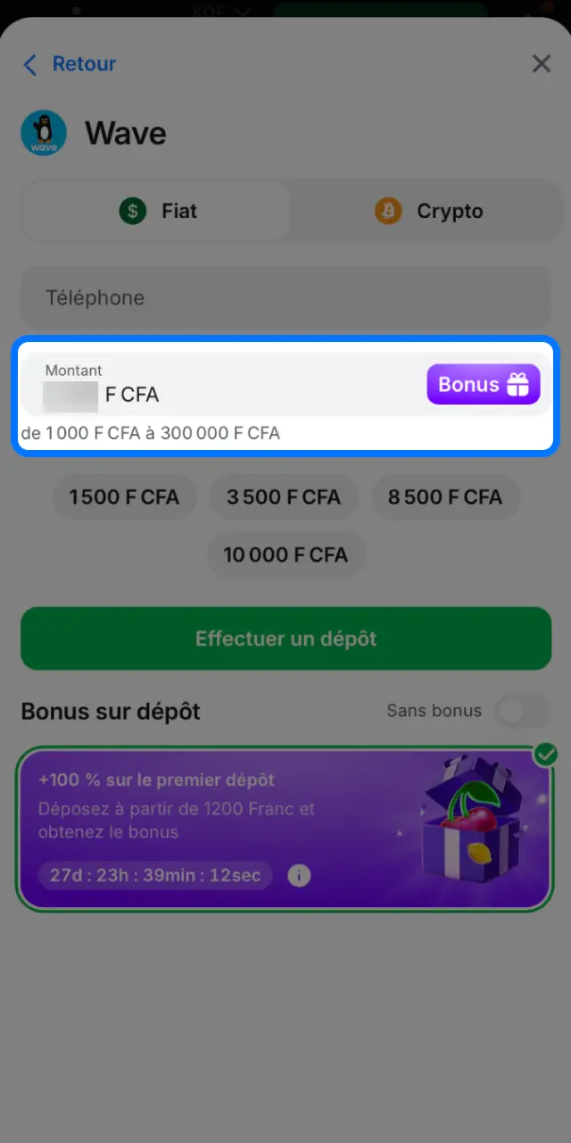 Saisissez le montant minimum de 500 XOF sur 1win et renseignez vos informations.