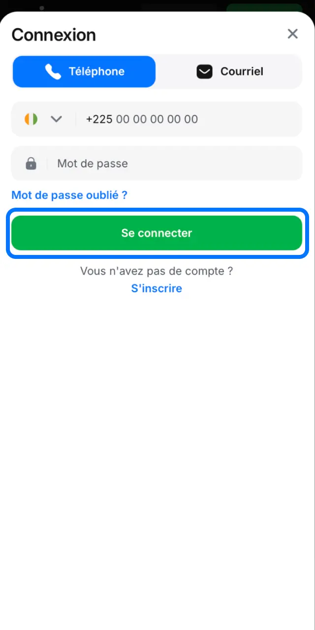 Connectez-vous à 1win et appuyez sur l'icône de caisse ou Dépôt.