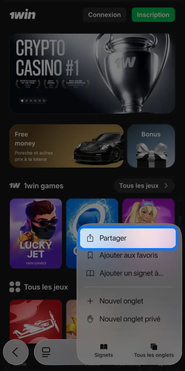 Appuyez sur l'icône de partage dans Safari pour ajouter le raccourci 1win.