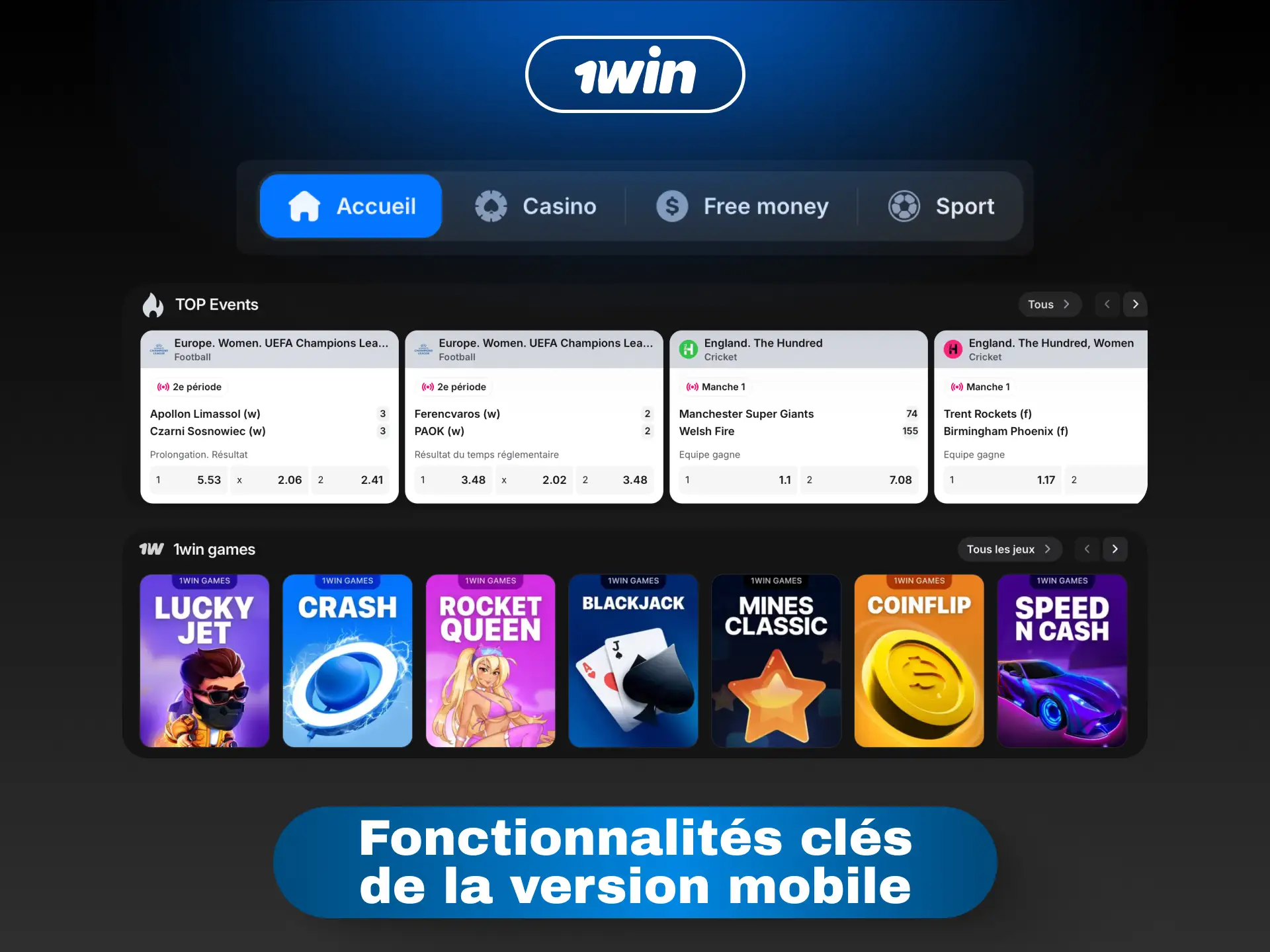 Fonctionnalités clés de la version mobile 1win pour les joueurs de Côte d'Ivoire.