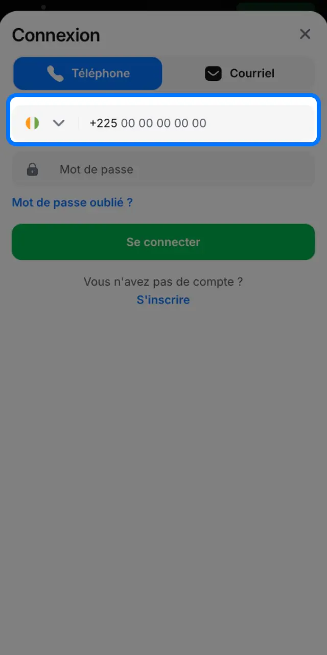 Saisissez votre e-mail ou téléphone et votre mot de passe sur 1win.