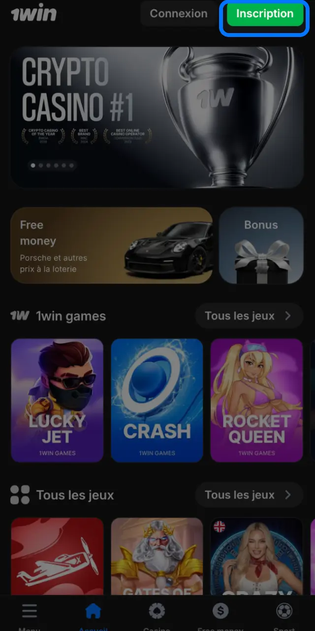 Appuyez sur Connexion en haut de la page d'accueil 1win.