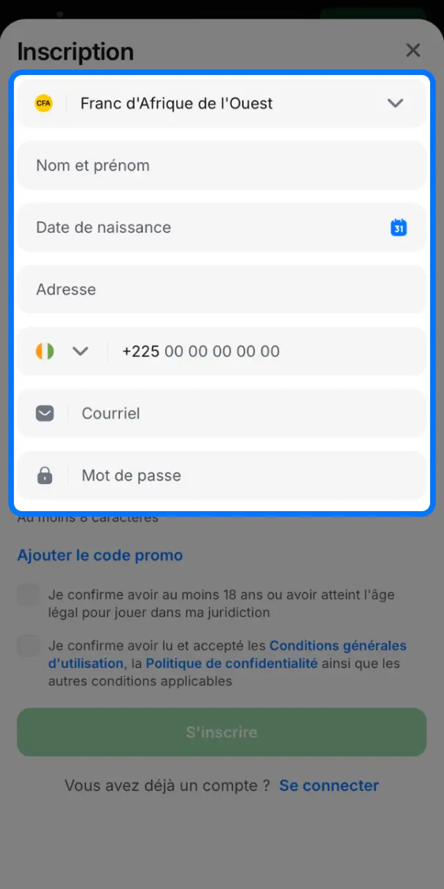 Renseignez vos informations sur 1win avec votre pays Côte d'Ivoire et la devise XOF.