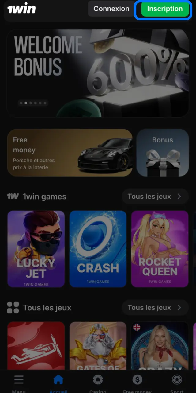 Appuyez sur S'inscrire en haut de la page d'accueil 1win.