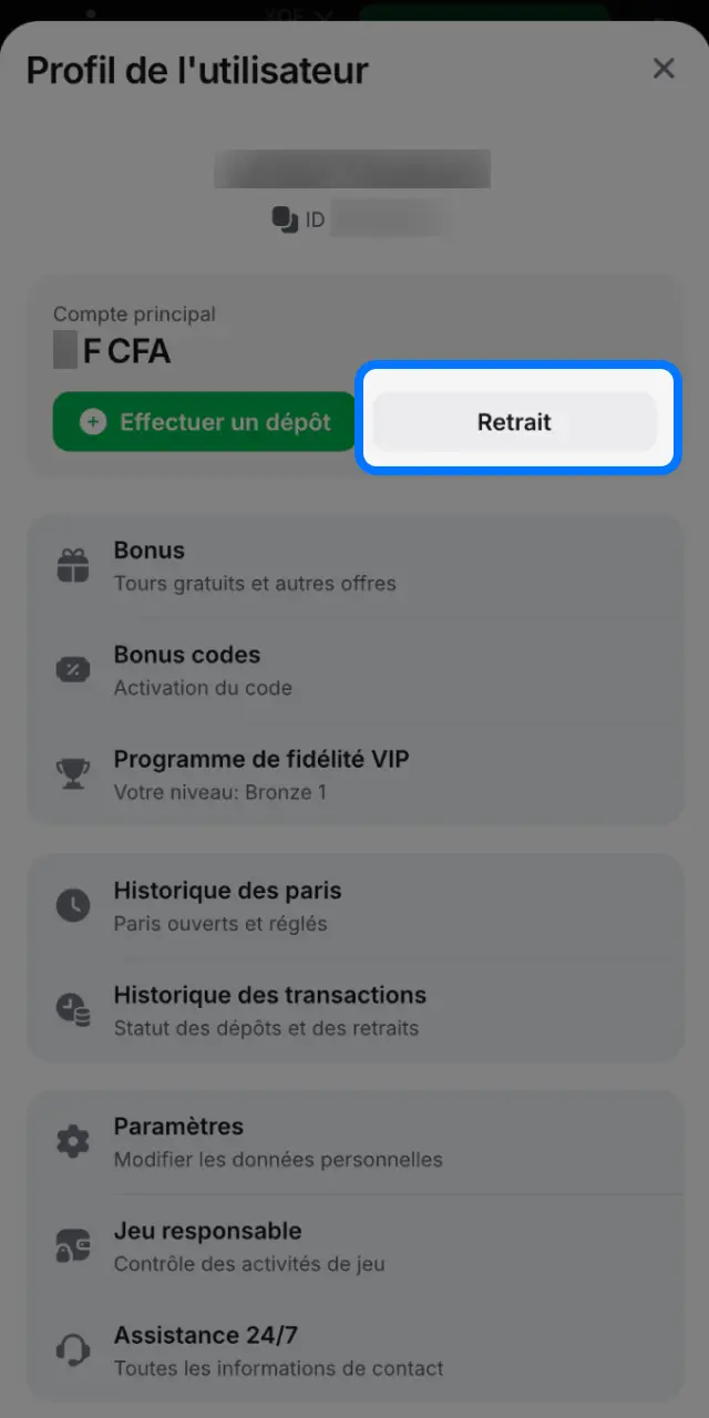 Sélectionnez Retrait sur 1win et choisissez votre mode de paiement.