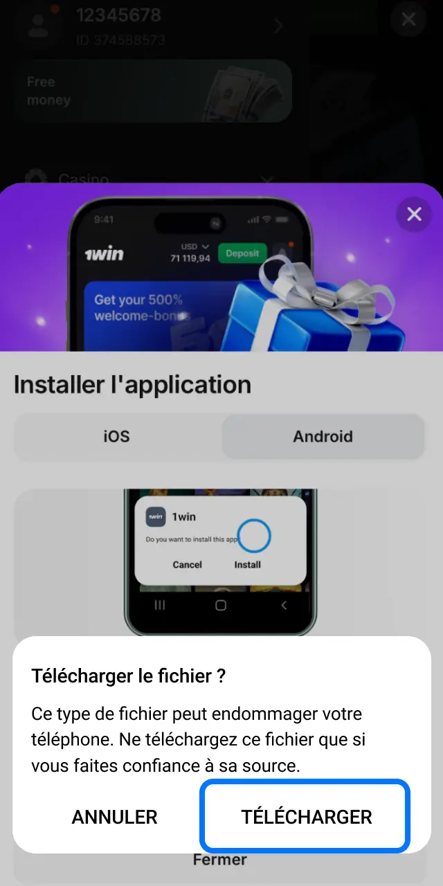 Appuyez sur Télécharger APK pour obtenir l'application 1win sur Android en Côte d'Ivoire.
