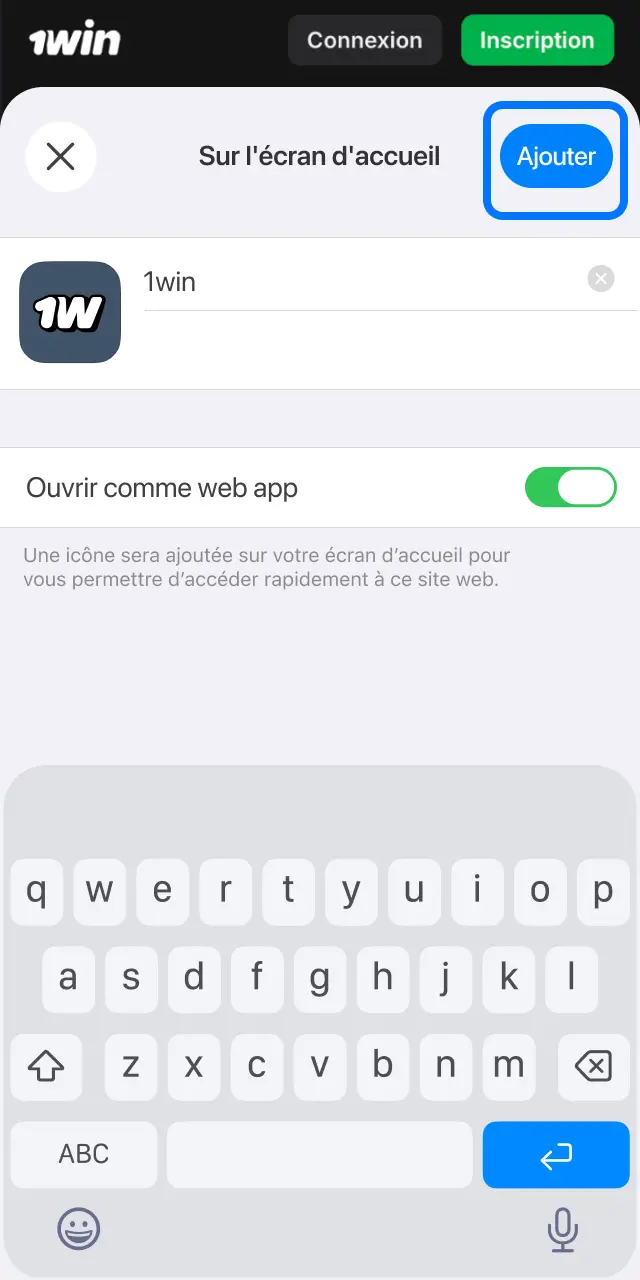 Confirmez l'ajout du raccourci 1win sur votre écran d'accueil iOS en Côte d'Ivoire.