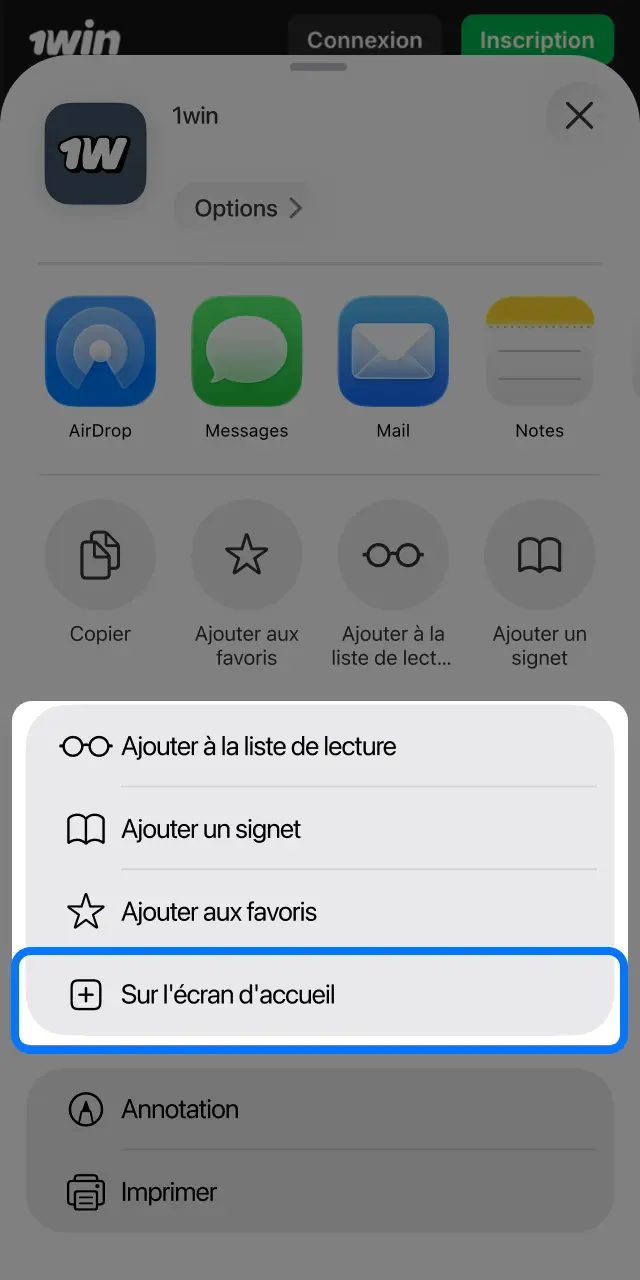 Sélectionnez Sur l'écran d'accueil dans Safari pour créer le raccourci 1win.