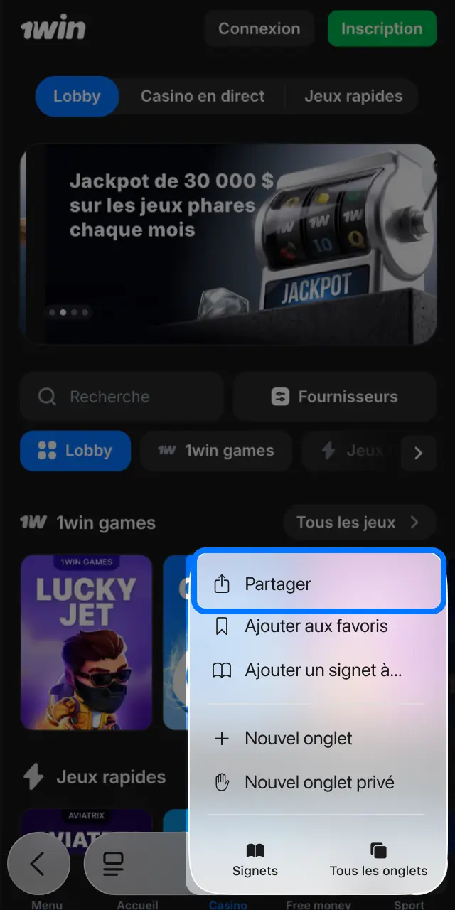 Appuyez sur le bouton Partager dans Safari pour ajouter 1win à votre écran d'accueil.