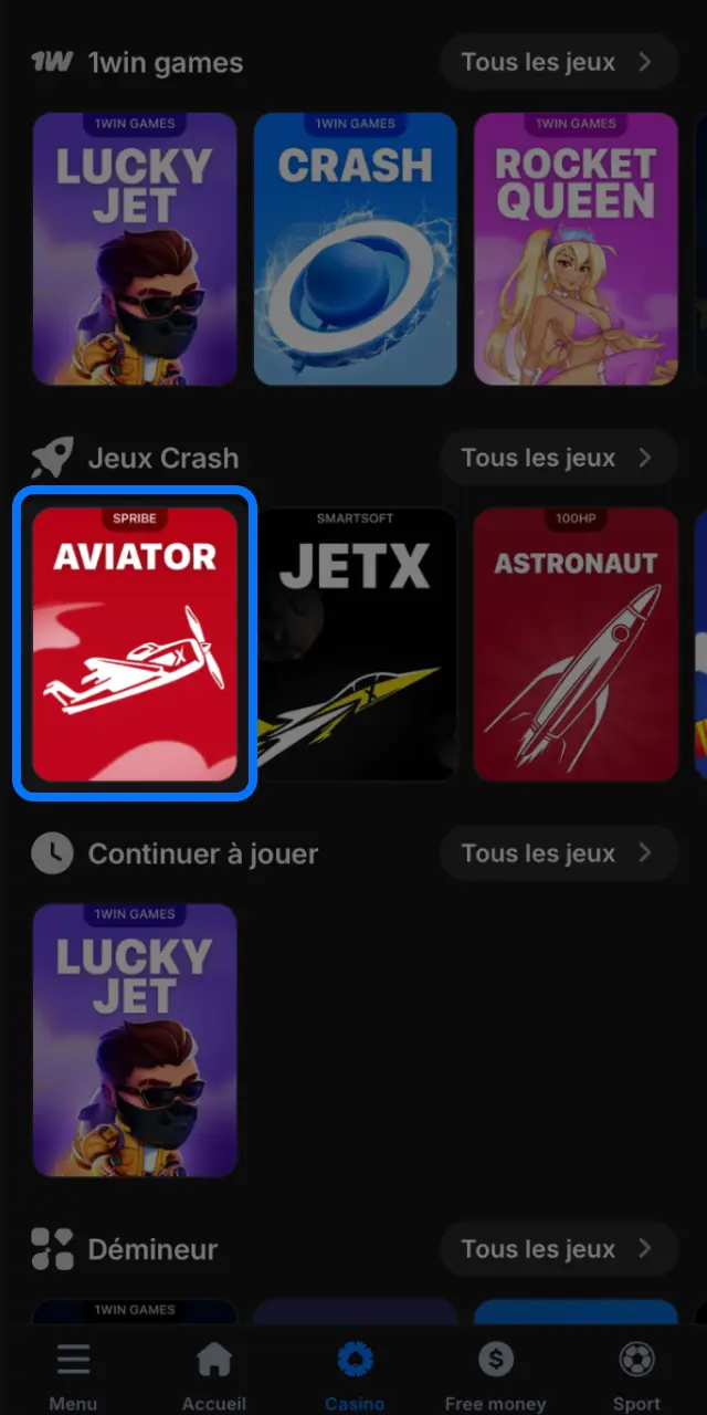 Lancez Aviator dans la section Casino de 1win en Côte d'Ivoire.