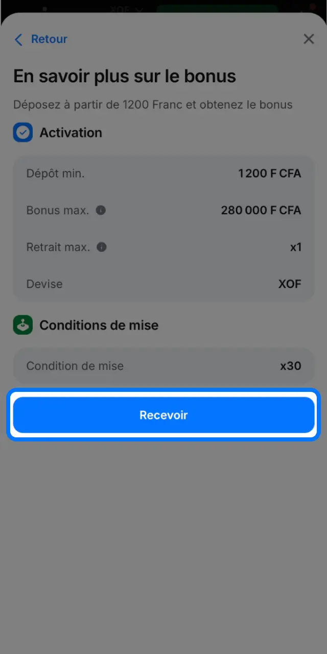 Vérifiez l'activation de votre bonus 1win dans la section Mes bonus de votre compte.