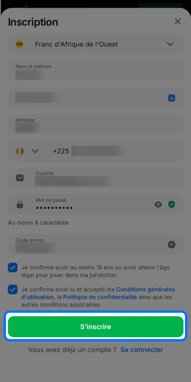 Cliquez sur le bouton d'inscription pour créer votre compte 1win en Côte d'Ivoire.