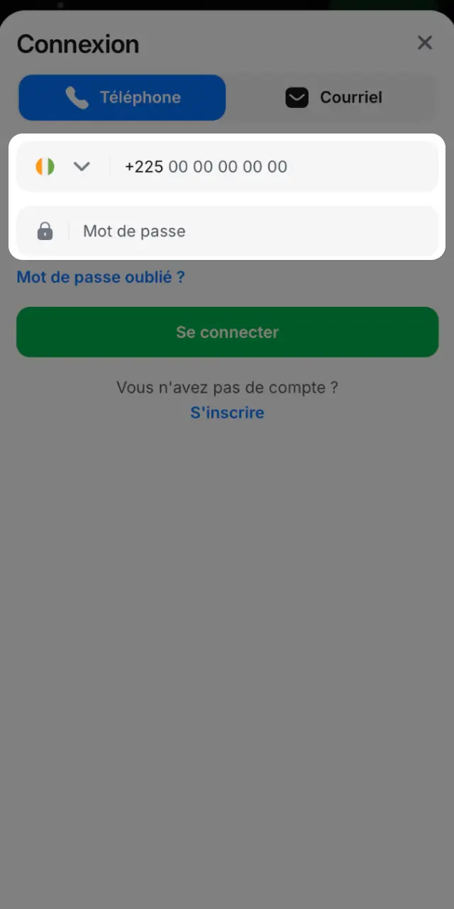 Saisissez votre e-mail ou téléphone et mot de passe sur 1win en Côte d'Ivoire.