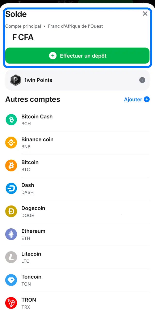 Vérifiez que vos fonds sont crédités sur votre solde 1win après votre dépôt.
