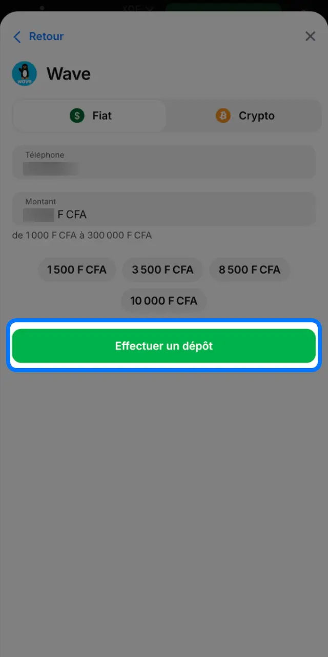 Entrez le montant minimum de 300 FCFA sur 1win et validez votre dépôt.