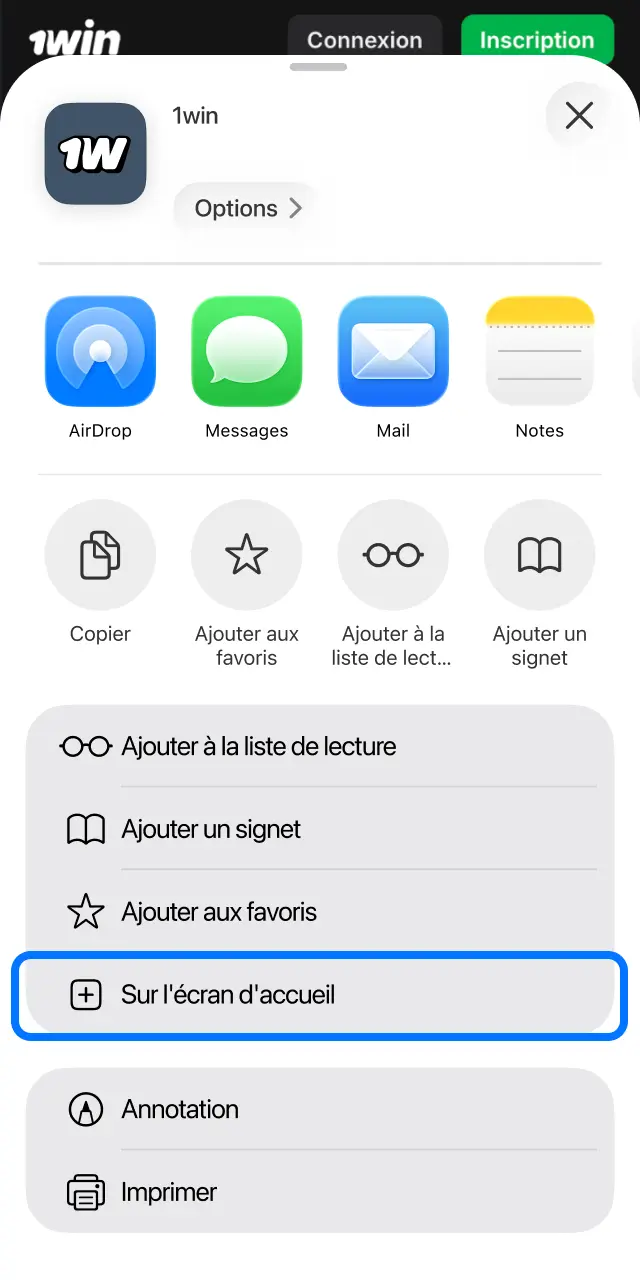 Sélectionnez Sur l'écran d'accueil dans Safari pour créer le raccourci 1win.