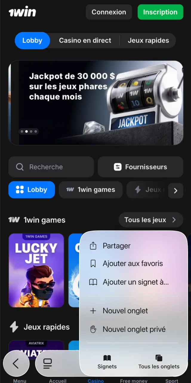 Appuyez sur Partager dans Safari pour ajouter 1win à votre écran d'accueil iOS.