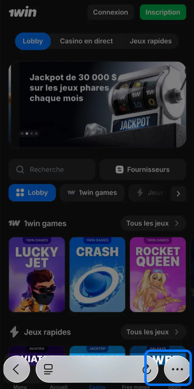 Appuyez sur le bouton iOS sur la page d'accueil 1win pour la version mobile.