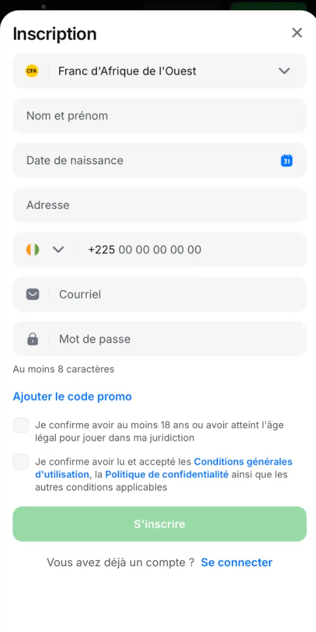 Cliquez sur Visiter et remplissez le formulaire d'inscription 1win en Côte d'Ivoire.