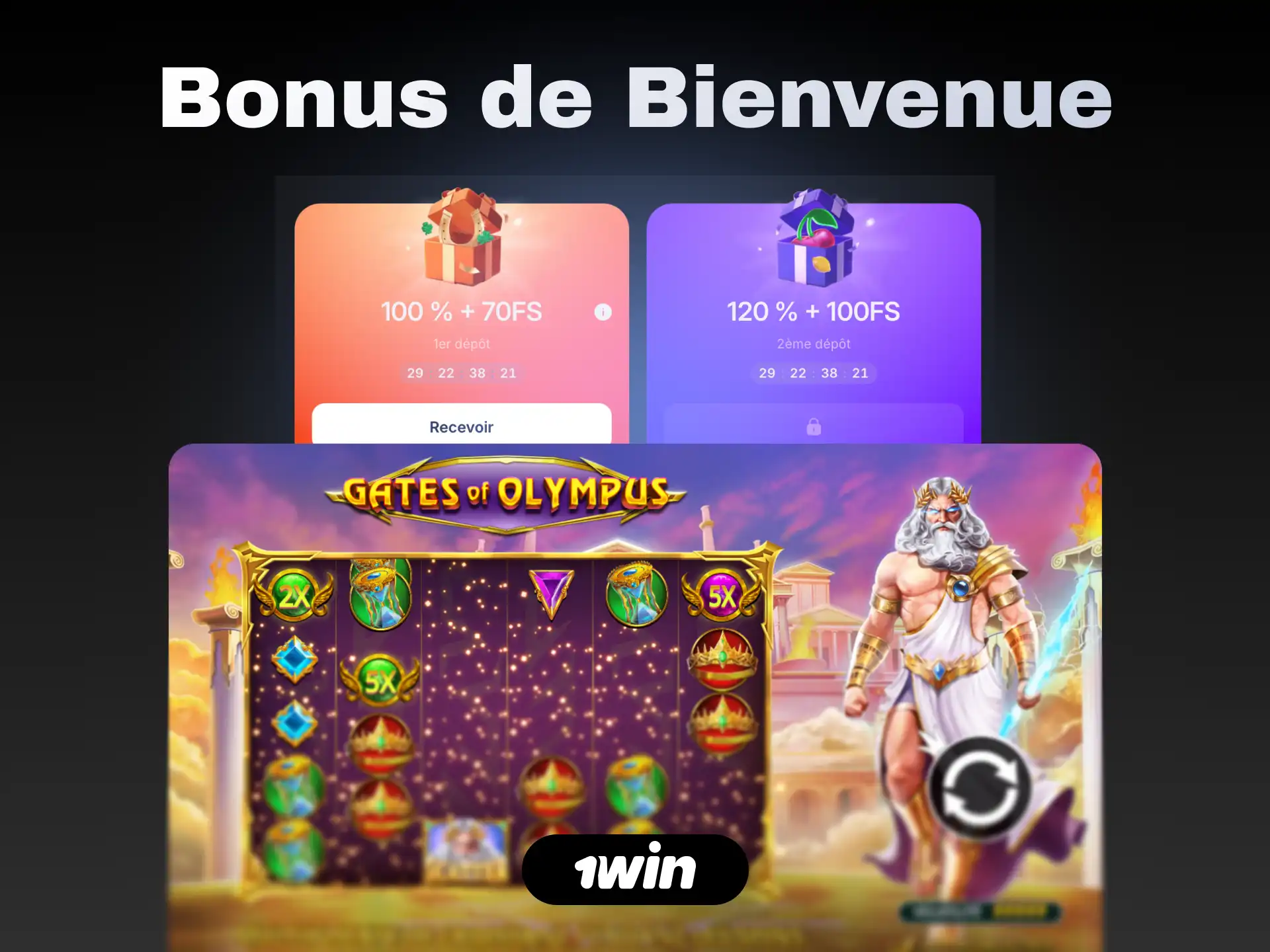 Bonus de bienvenue 1win pour jouer à Gates of Olympus en Côte d'Ivoire.