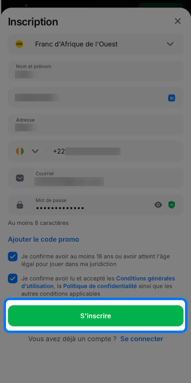 Saisissez vos informations sur 1win et confirmez pour accéder à votre compte.