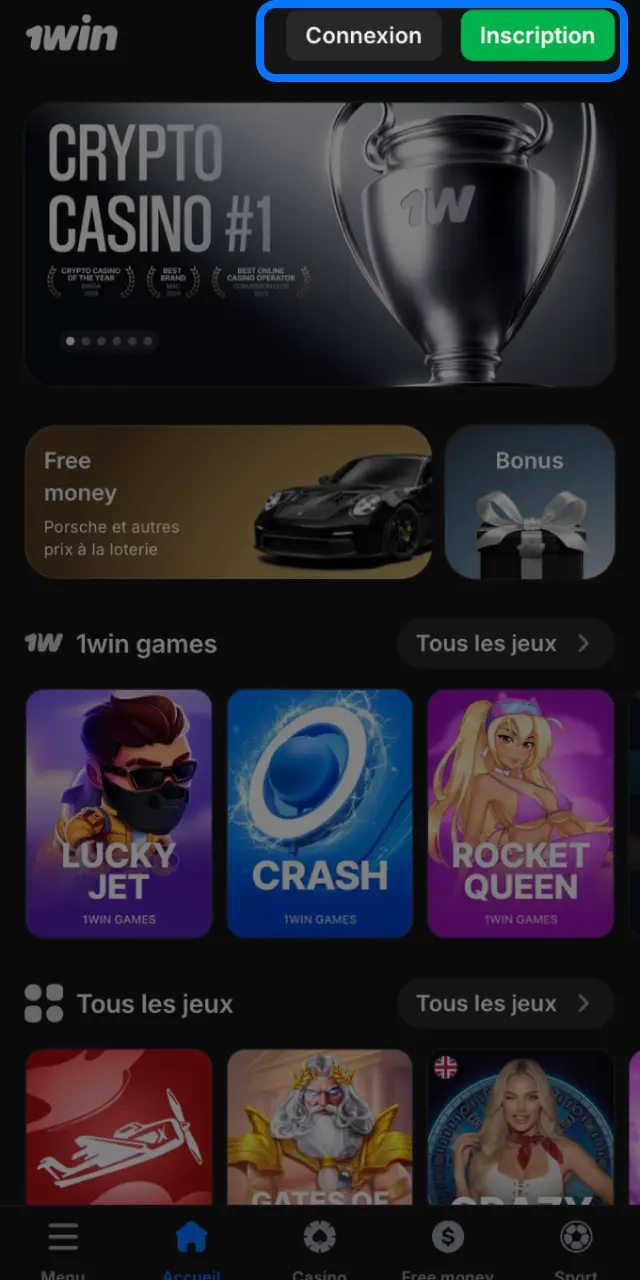 Appuyez sur le bouton Se connecter dans l'application 1win sur l'écran d'accueil.