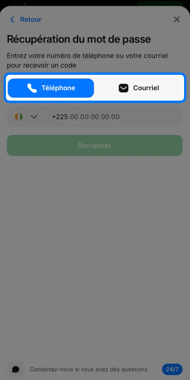 Sélectionnez votre méthode de récupération sur 1win par e-mail ou par téléphone.
