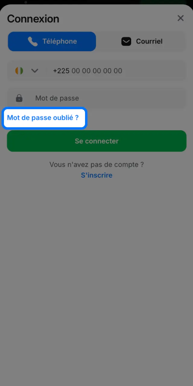 Cliquez sur Mot de passe oublié sur la page de connexion 1win en Côte d'Ivoire.