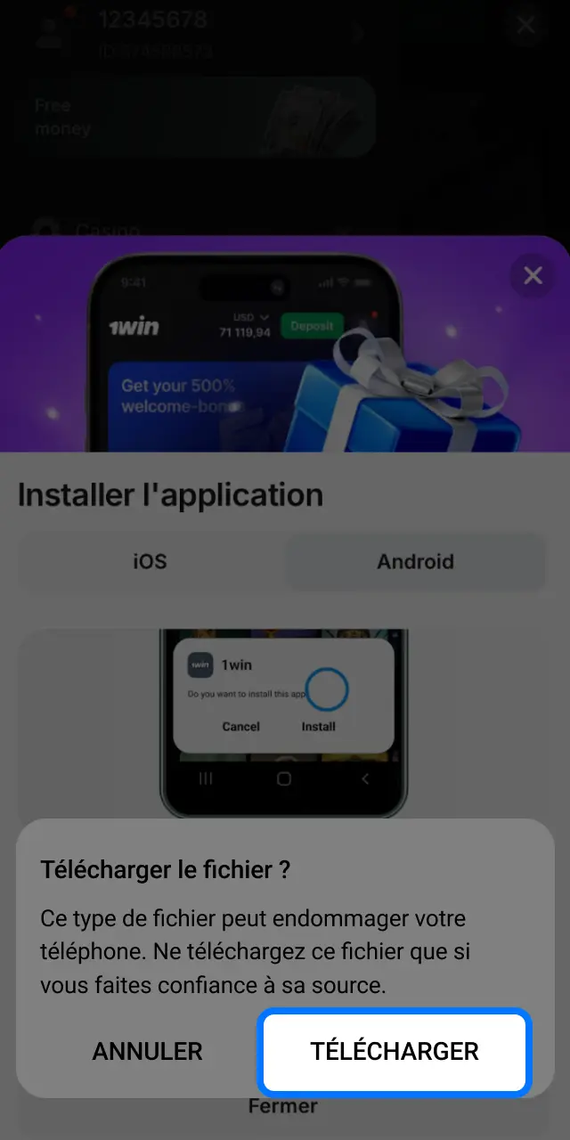 Téléchargez l'APK 1win sur Android pour jouer à Lucky Jet en Côte d'Ivoire.