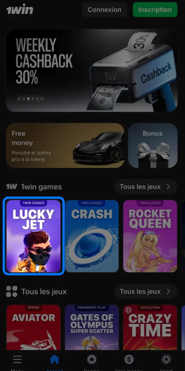 Ouvrez l'application 1win sur Android et connectez-vous pour jouer à Lucky Jet.